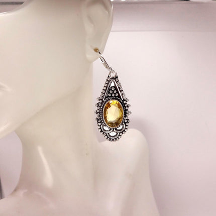 Vintage Yellow Citrine Glass Silver Chandelier Drop Earrings | 925 sterling Silver Lever Backs