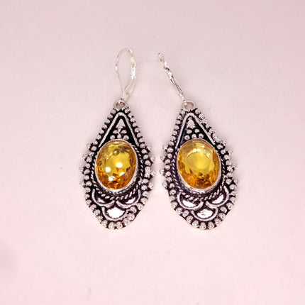 Vintage Yellow Citrine Glass Silver Chandelier Drop Earrings | 925 sterling Silver Lever Backs