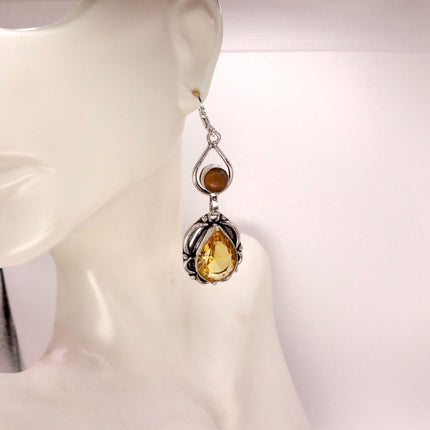 Vintage Yellow Citrine Glass Silver Chandelier Drop Earrings | 925 sterling Silver Lever Backs