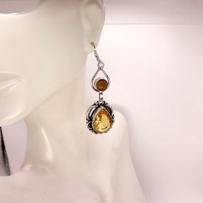 Vintage Yellow Citrine Glass Silver Chandelier Drop Earrings | 925 sterling Silver Lever Backs