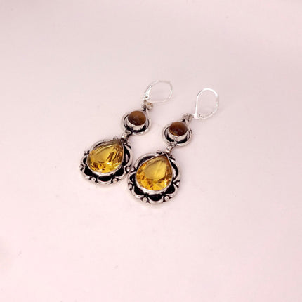 Vintage Yellow Citrine Glass Silver Chandelier Drop Earrings | 925 sterling Silver Lever Backs