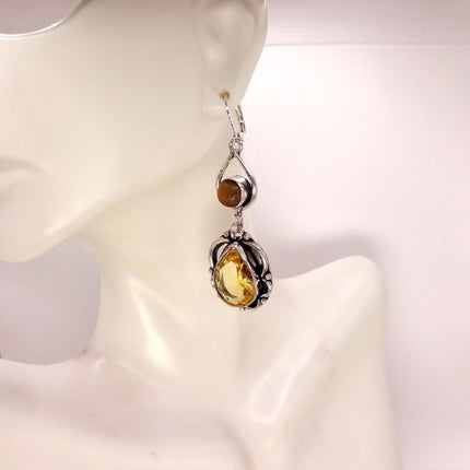 Vintage Yellow Citrine Glass Silver Chandelier Drop Earrings | 925 sterling Silver Lever Backs