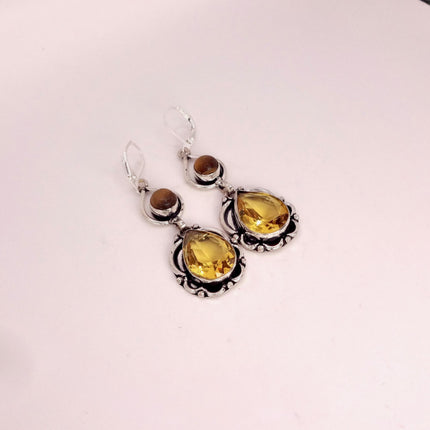 Vintage Yellow Citrine Glass Silver Chandelier Drop Earrings | 925 sterling Silver Lever Backs