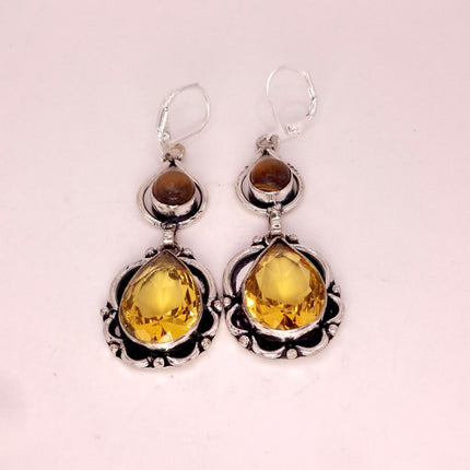 Vintage Yellow Citrine Glass Silver Chandelier Drop Earrings | 925 sterling Silver Lever Backs