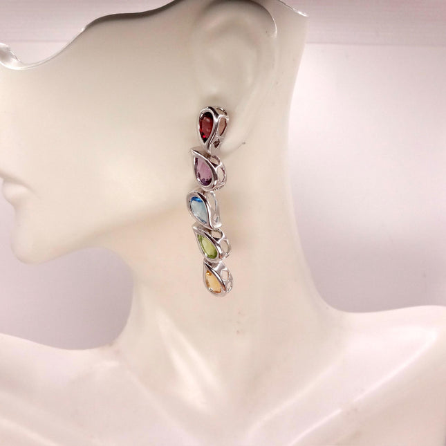 Vintage Silver Earrings | Mixed Color Purple Amethyst Chandelier Earrings - 925 Sterling Silver