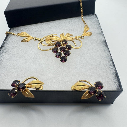 Vintage Purple Amethyst glass Grape Jewelry Set Necklace and Earrings Screw Backs