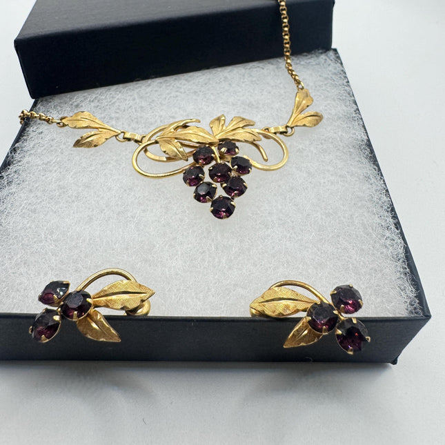 Vintage Purple Amethyst glass Grape Jewelry Set Necklace and Earrings Screw Backs