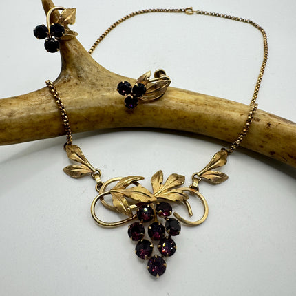 Vintage Purple Amethyst glass Grape Jewelry Set Necklace and Earrings Screw Backs