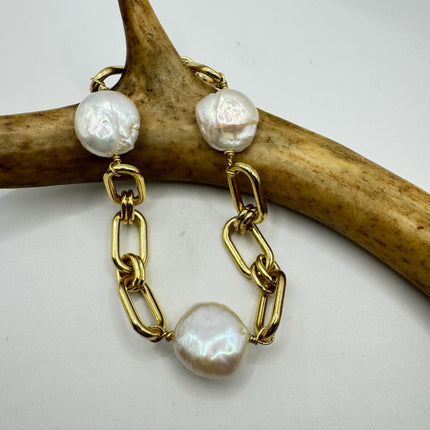 Vintage White Pearl Tennis Bracelet: Gold Rhodium Stacking Chain