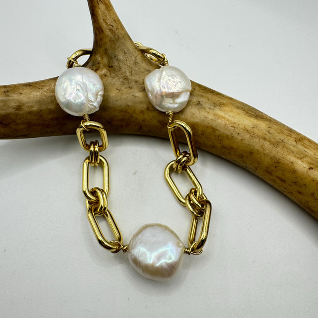 Vintage White Pearl Tennis Bracelet: Gold Rhodium Stacking Chain