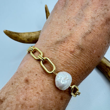 Vintage White Pearl Tennis Bracelet: Gold Rhodium Stacking Chain