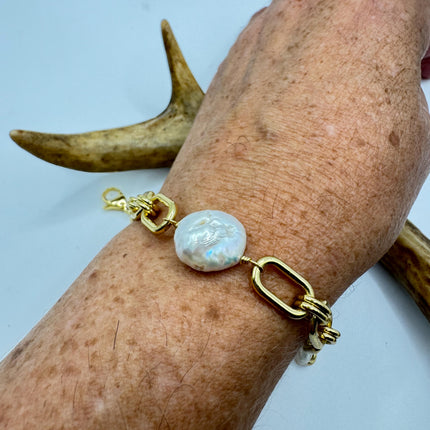 Vintage White Pearl Tennis Bracelet: Gold Rhodium Stacking Chain