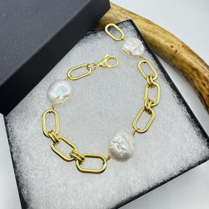 Vintage White Pearl Tennis Bracelet: Gold Rhodium Stacking Chain