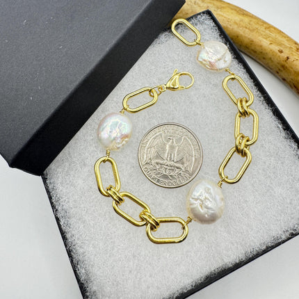 Vintage White Pearl Tennis Bracelet: Gold Rhodium Stacking Chain