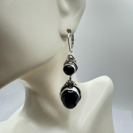 Vintage Black Onyx Dangle Earrings Sterling Silver Leverbacks