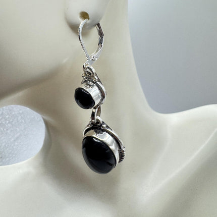 Vintage Black Onyx Dangle Earrings Sterling Silver Leverbacks