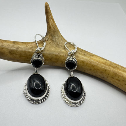 Vintage Black Onyx Dangle Earrings Sterling Silver Leverbacks