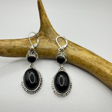 Vintage Black Onyx Dangle Earrings Sterling Silver Leverbacks