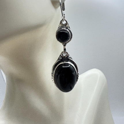 Vintage Black Onyx Dangle Earrings Sterling Silver Leverbacks