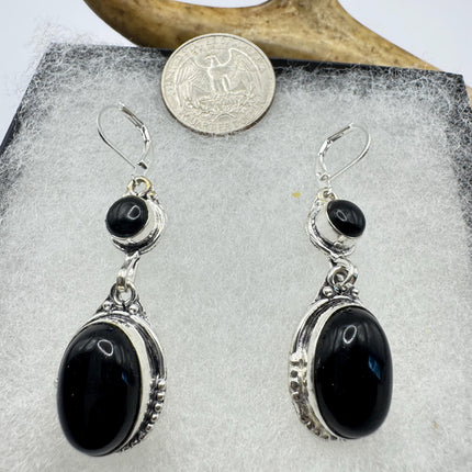 Vintage Black Onyx Dangle Earrings Sterling Silver Leverbacks