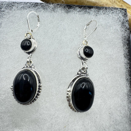 Vintage Black Onyx Dangle Earrings Sterling Silver Leverbacks