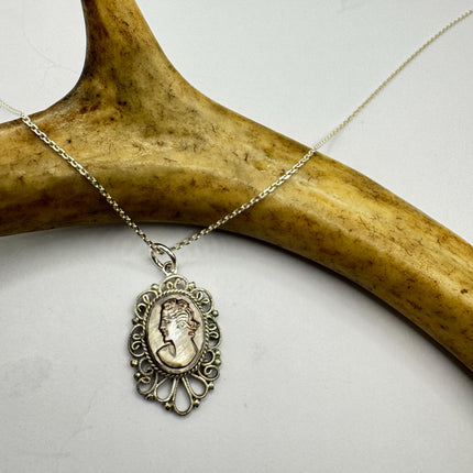 Vintage Abalone Cameo Necklace 925 Sterling Silver