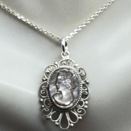 Vintage Abalone Cameo Necklace 925 Sterling Silver
