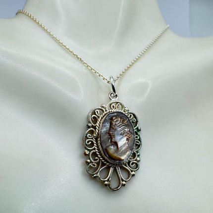 Vintage Abalone Cameo Necklace 925 Sterling Silver