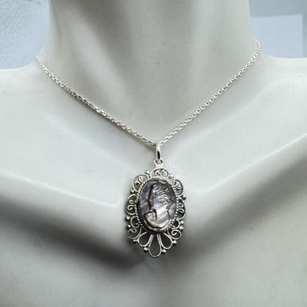 Vintage Abalone Cameo Necklace 925 Sterling Silver