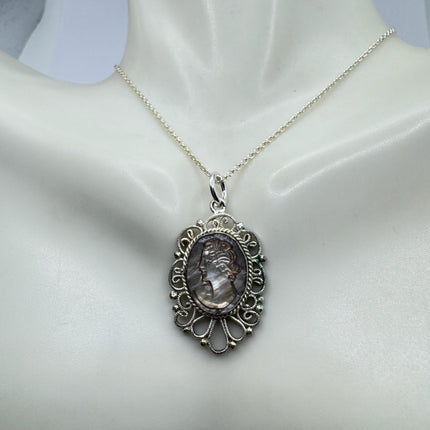 Vintage Abalone Cameo Necklace 925 Sterling Silver