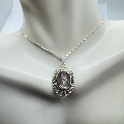 Vintage Abalone Cameo Necklace 925 Sterling Silver