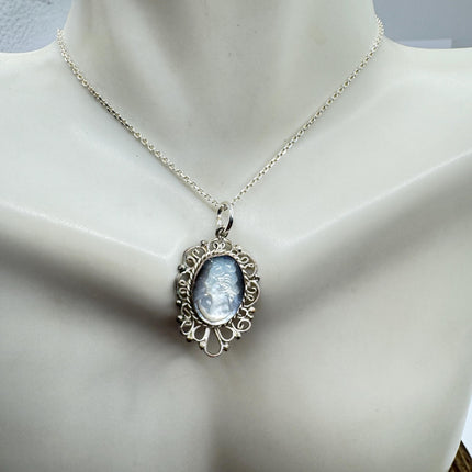 Vintage Abalone Cameo Necklace 925 Sterling Silver