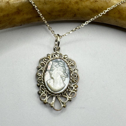 Vintage Abalone Cameo Necklace 925 Sterling Silver