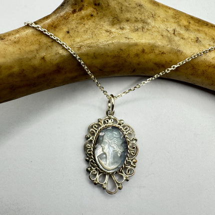 Vintage Abalone Cameo Necklace 925 Sterling Silver