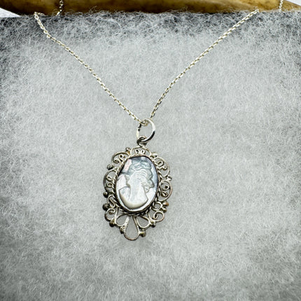 Vintage Abalone Cameo Necklace 925 Sterling Silver
