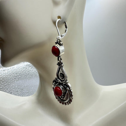 Vintage Red Silver Earrings | 925 sterling Silver Lever Backs