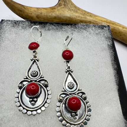 Vintage Red Silver Earrings | 925 sterling Silver Lever Backs