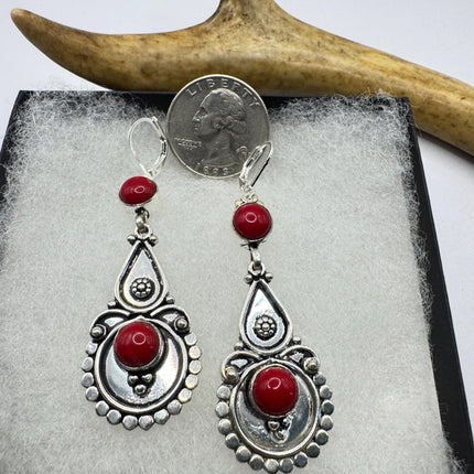 Vintage Red Silver Earrings | 925 sterling Silver Lever Backs