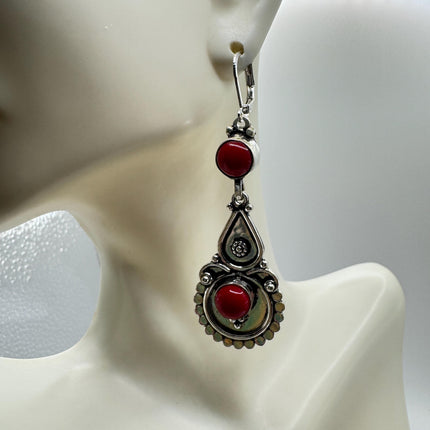 Vintage Red Silver Earrings | 925 sterling Silver Lever Backs