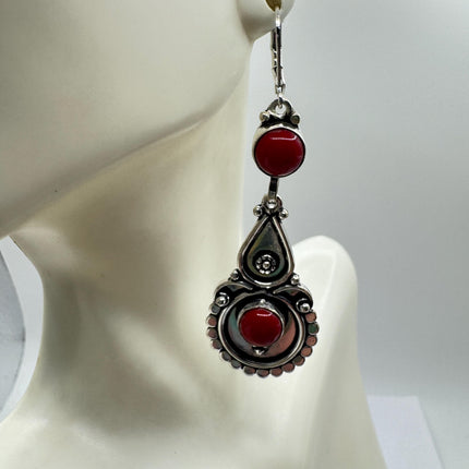 Vintage Red Silver Earrings | 925 sterling Silver Lever Backs