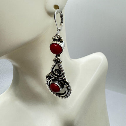 Vintage Red Silver Earrings | 925 sterling Silver Lever Backs
