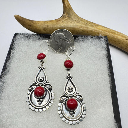 Vintage Red Silver Earrings | 925 sterling Silver Lever Backs