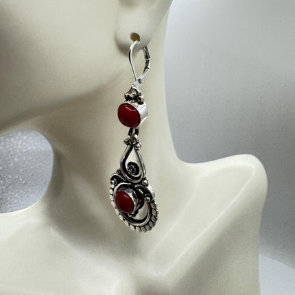 Vintage Red Silver Earrings | 925 sterling Silver Lever Backs
