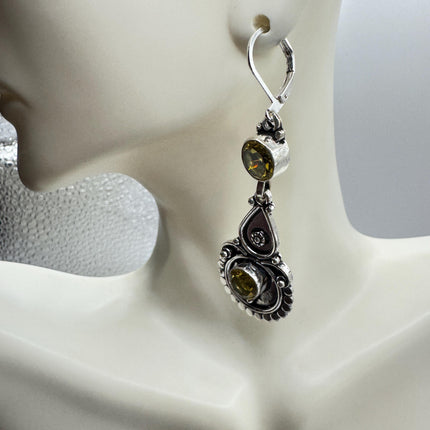 Vintage Silver Earrings, Yellow Citrine Glass Dangles Lever Backs