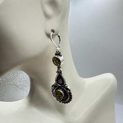 Vintage Silver Earrings, Yellow Citrine Glass Dangles Lever Backs