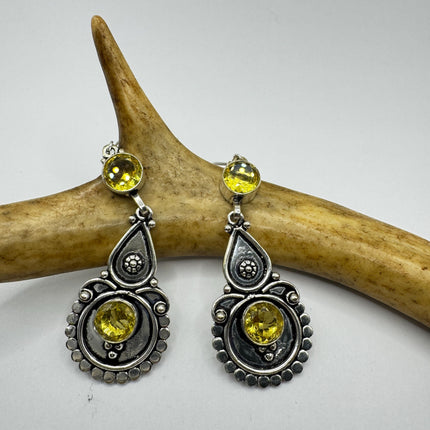 Vintage Silver Earrings, Yellow Citrine Glass Dangles Lever Backs