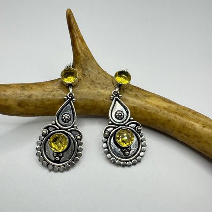 Vintage Silver Earrings, Yellow Citrine Glass Dangles Lever Backs