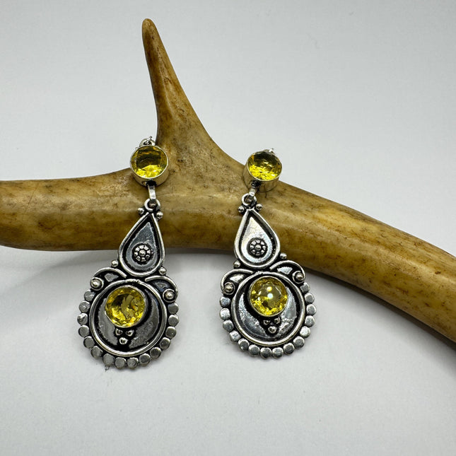 Vintage Silver Earrings, Yellow Citrine Glass Dangles Lever Backs