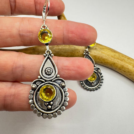 Vintage Silver Earrings, Yellow Citrine Glass Dangles Lever Backs
