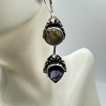 Vintage Labradorite Dangle Earrings Sterling Silver Leverbacks